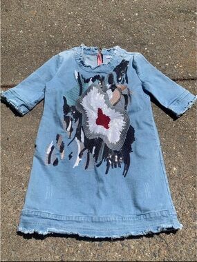 Vintage SecretLabel by Designwork Sequins Abstract Design Denim Dress